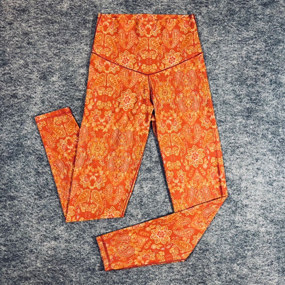 Aerie Leggings Womens M Orange Paisley High Rise Boho Retro Athleisure Gym Yoga